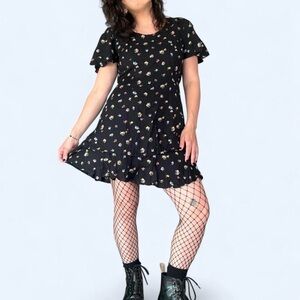 Vintage 90s Black Floral Mini Dress • Flutter Sleeve Cottagecore Babydoll